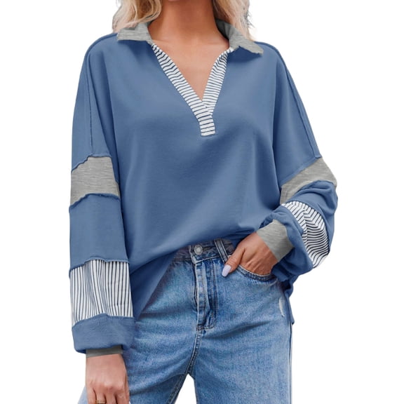 Women's Color Block Oversized Polo Sweatshirt V Neck Long Sleeve Casual Pullover Loose Tops