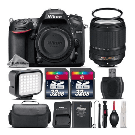 Nikon D7200 DSLR Camera in Black + Nikon 18-140mm VR Lens + 64GB Storage + LED Kit + Case + UV Filter + Card Reader + Lens Cap Holder + Air Cleaner - International