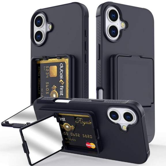 Designed for iPhone 16 Wallet Phone Case,Built-in Mirror,With Card Holder(Hold 4-5 Cards and Folding Money),Heavy Duty Shockproof Military Grade Protection Rugged Phone Case,Black