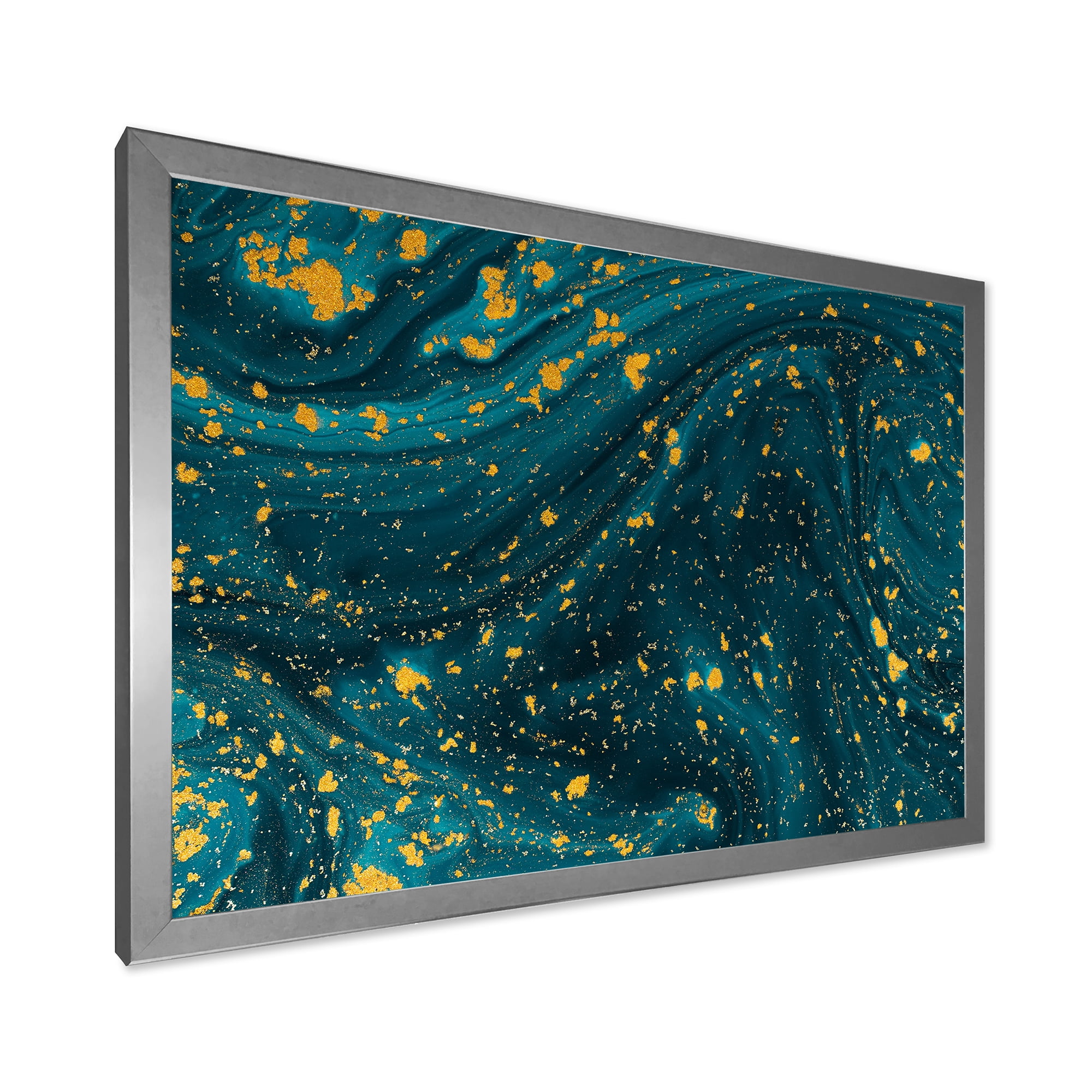 Designart 'Golden Glitter With Dark Blue Marble' Modern Framed Art Print