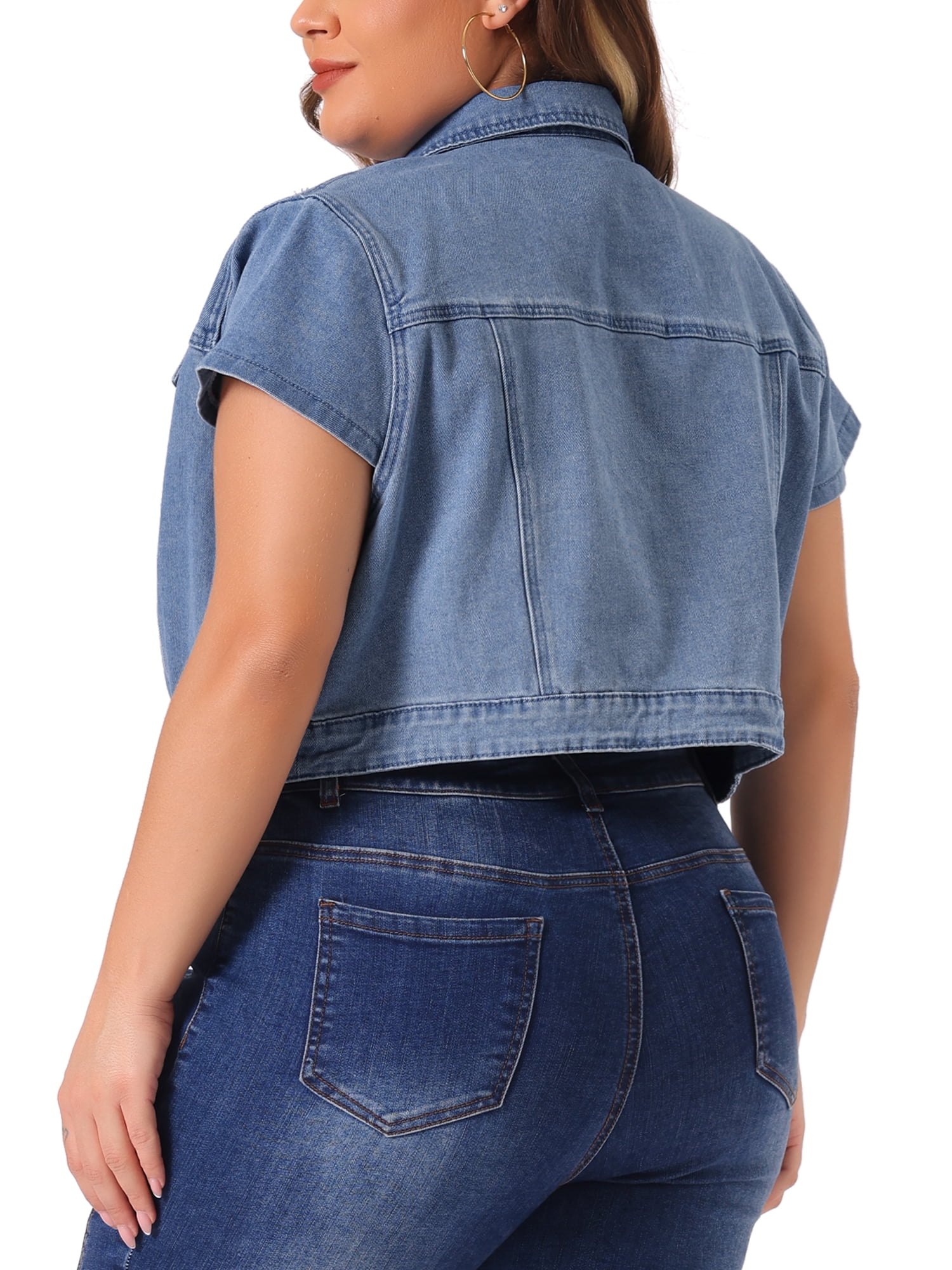 DARING DIVA Women's Plus Size Short Sleeve Denim Button Down Cropped Jacket 3X Light Blue