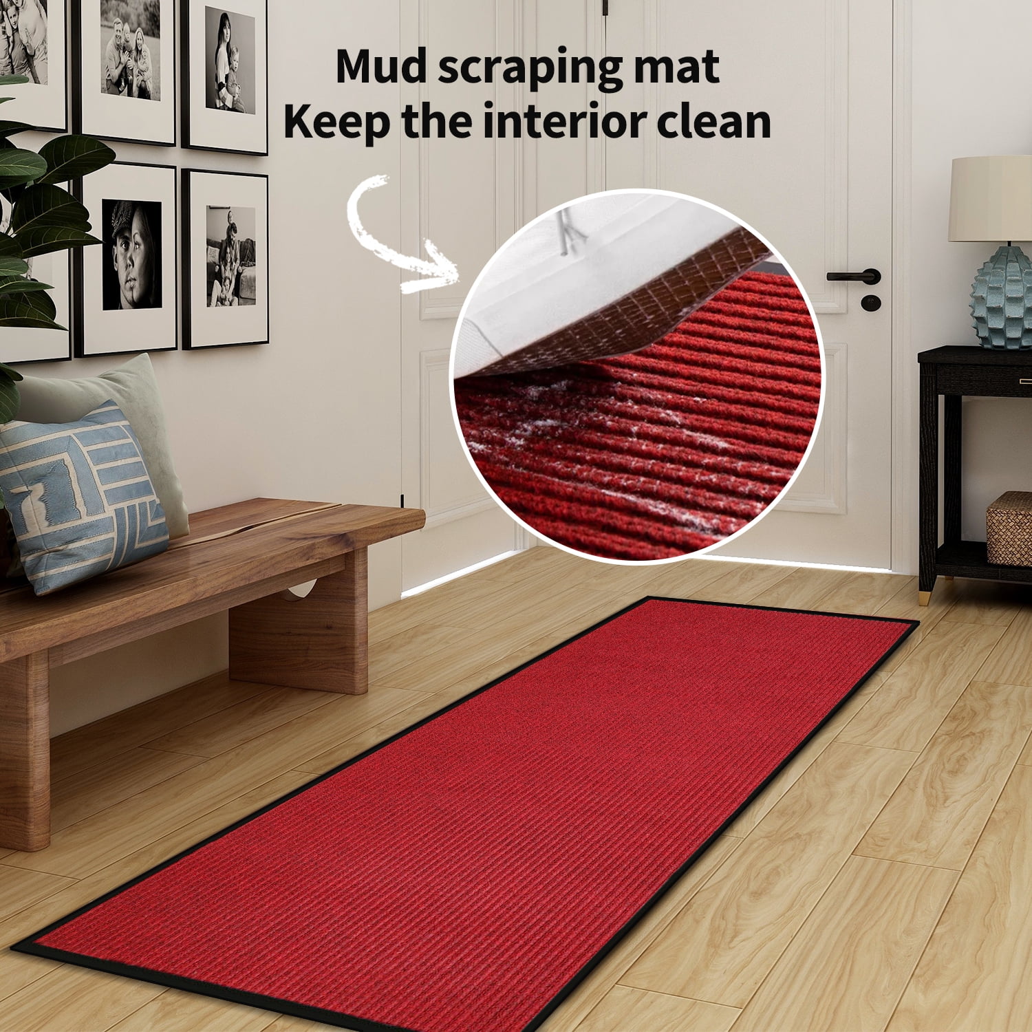 WANLISELL 3 x 10 ft Commercial Carpet, Non-Slip Striped Brush Step Entrance Mat, Indoor Outdoor Hallway Runner Rug, Dark Red