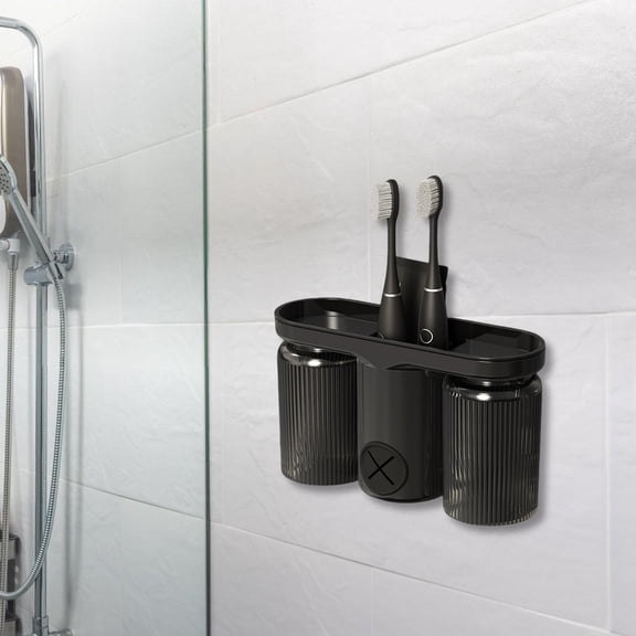 POPETPOP 1Set Multifunctional Bathroom Organizer with Toothbrush Storage and Towel Rack Black