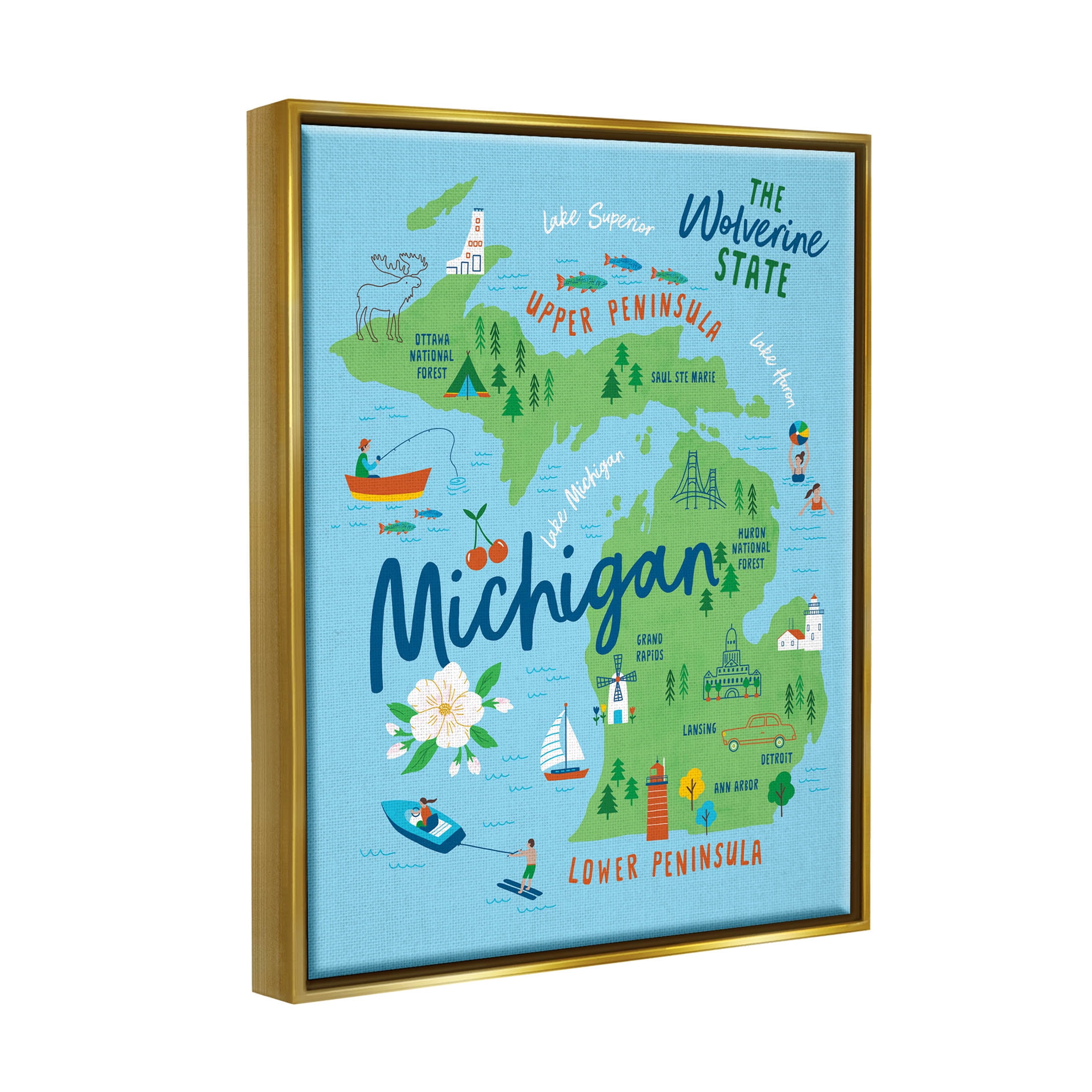Stupell Industries Everyday Michigan Illustrated Map Graphic Art Metallic Gold Floating Framed Canvas Print Wall Art, Design by Nina Seven