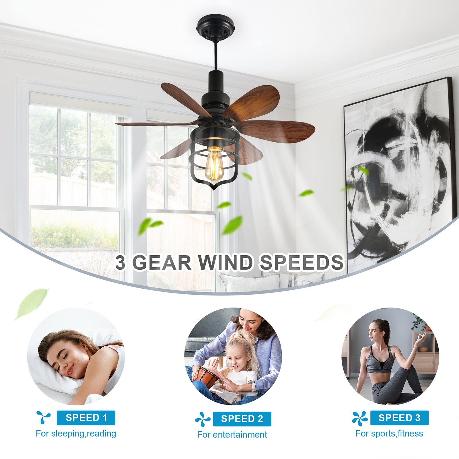 Garwarm E26 Socket Fan Light with Remote, 20" Screw-In Ceiling Fan with Lights, 3-Speed Timer Small Fan Light Bulb for Bedroom Kitchen Island Garage