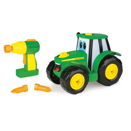 John Deere Build-A-Johnny Toy Tractor with Battery-Powered Pretend Drill, 16 Pieces