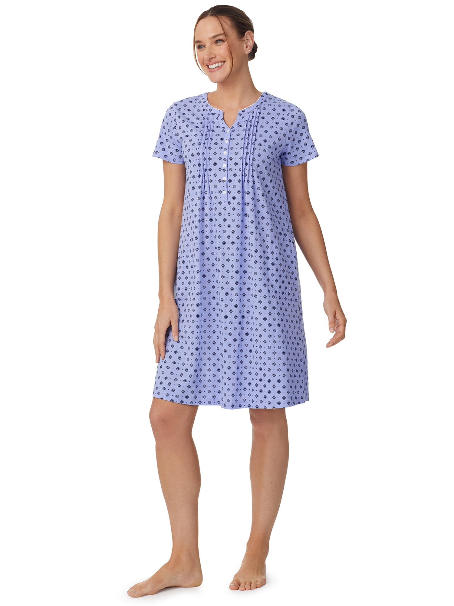 Aria Women’s Short Sleeve Split Neck Henley Nightgown 40”, Sizes XS to 5X