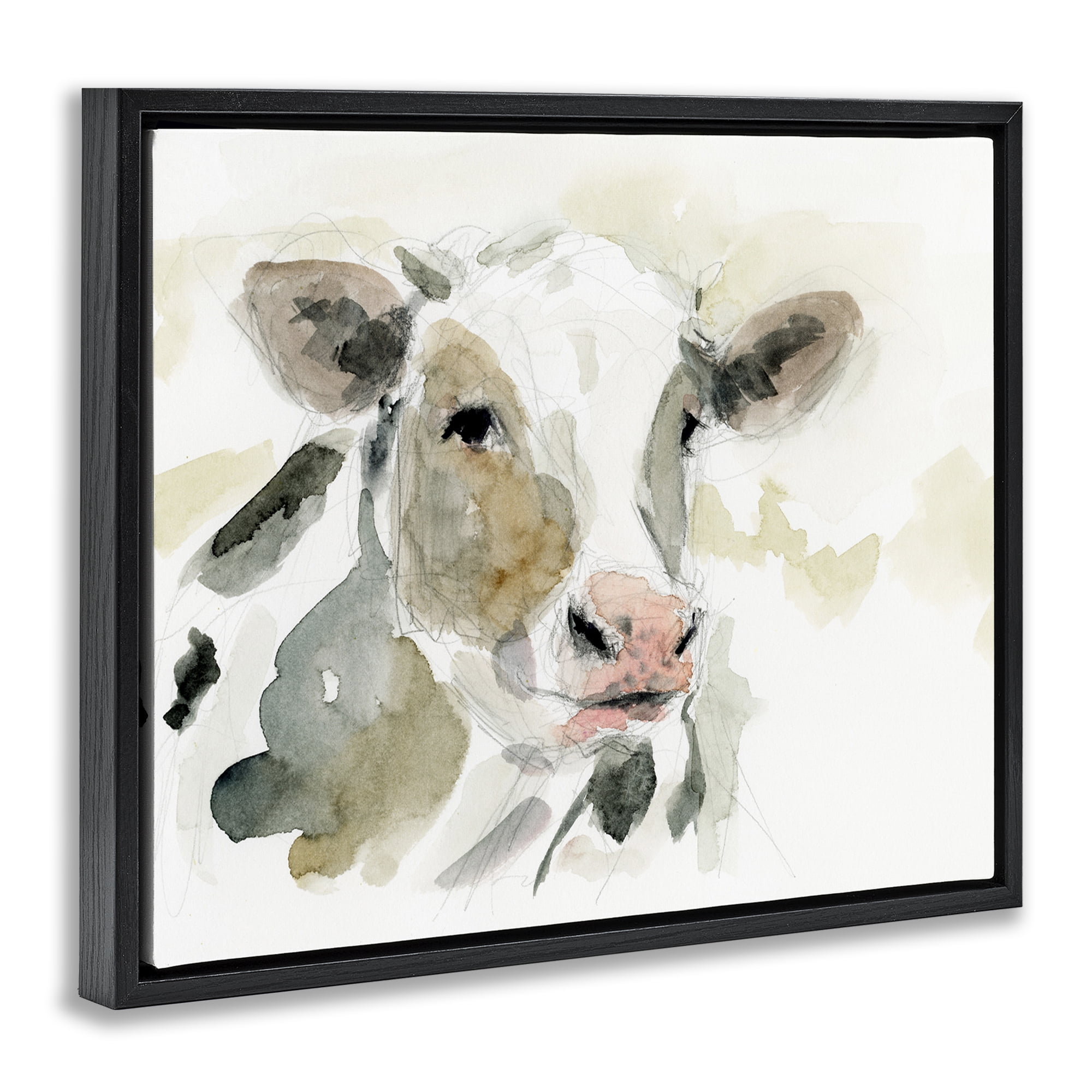 Stupell Industries Soft Watercolor Cow Animals & Insects Painting Black Floater Framed Canvas Art Print Wall Art, 21 x 17
