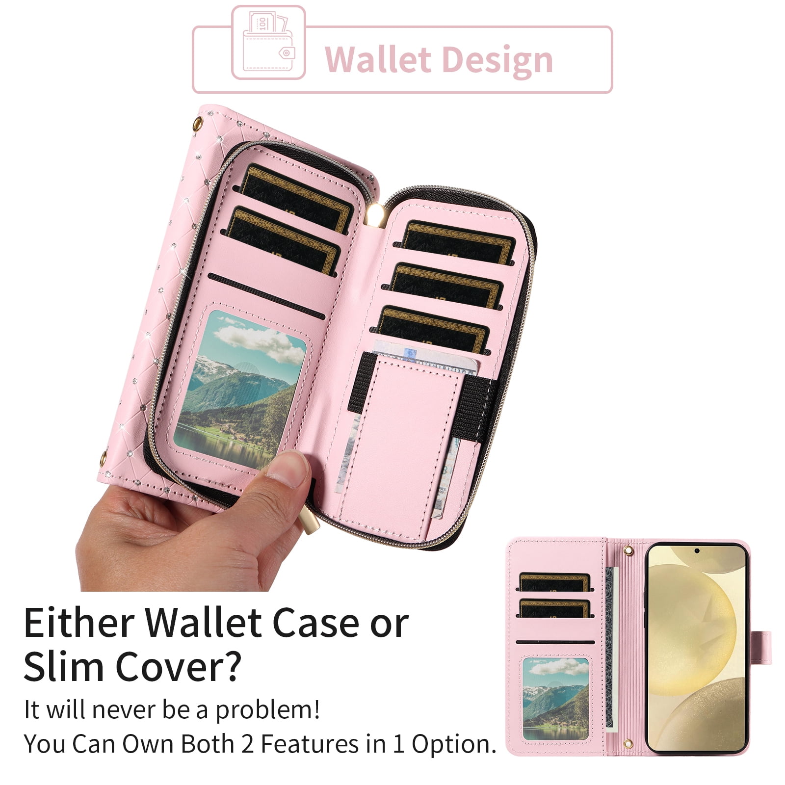 Compatible with Samsung Galaxy S24/S25 5G Wallet Phone Case Tempered Glass Screen Protector Bling Glitter Crossbody Lanyard Strap Flip Zipper Purse Card Holder Cell Cover for S 24 24S 25S Women Pink