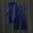 thumbnail image 4 of Jinhomg Womens Plus Size Summer Outfits Casual Loose 3/4 Sleeve Button V-Neck Tunic Blouses with Pants 2 Piece Lightweight Lounge Sets Vacation Beachwear Navy XXXL, 4 of 10