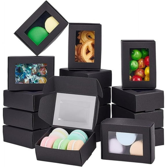 30 Packs 3.3x2.3x1.1 Inches Rectangle Black Kraft Paper Boxes with Clear Windows for Party Favor Treats Bakery Jewelry Christmas Festival Gift Packaging 30 pc