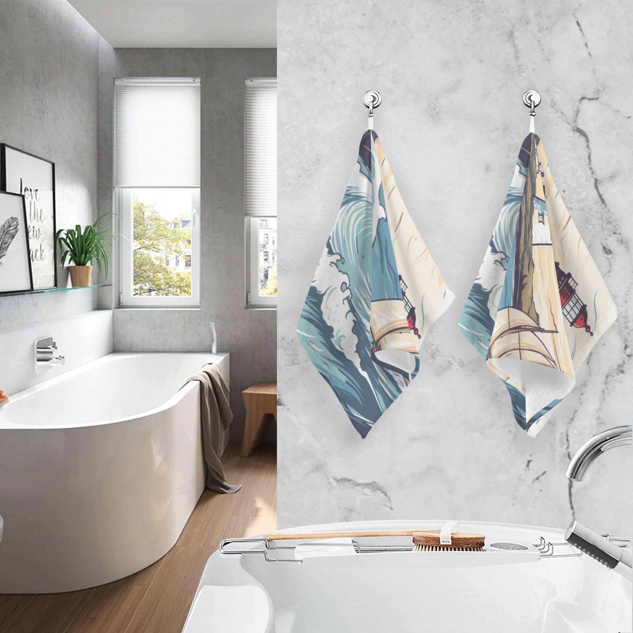 2 Pcs Hand Towel Set Lighthouse Ship Sea Cotton Absorbent Soft Face Towels Bath Towels for Bathroom Kitchen Shower Hotel Decor 16"x28"