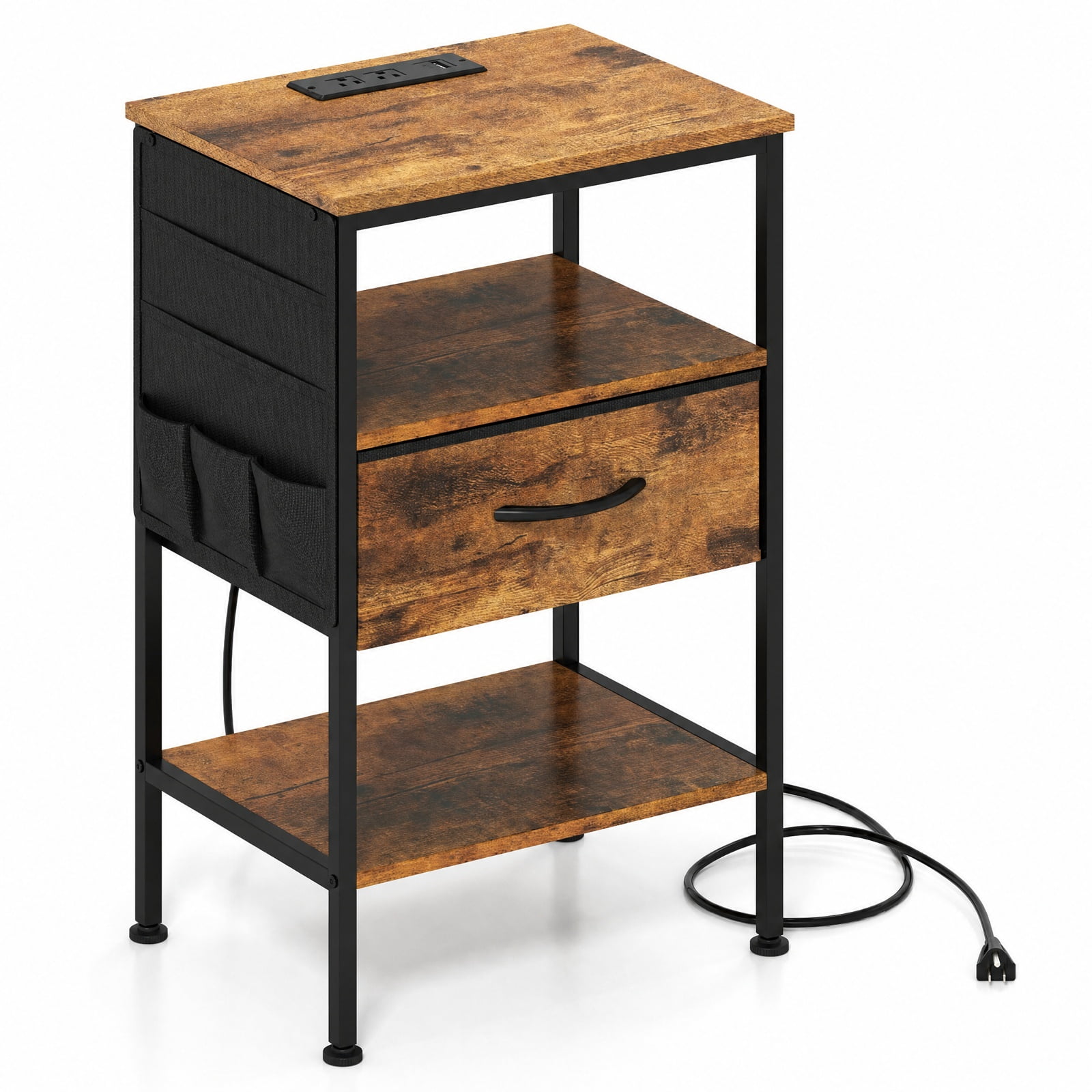 Furnibear Nightstand with Charging Station 24.5 inch Modern Bedside Table with Fabric Drawer for Bedroom Living Room Bedside Sofa Side, Rustic Brown