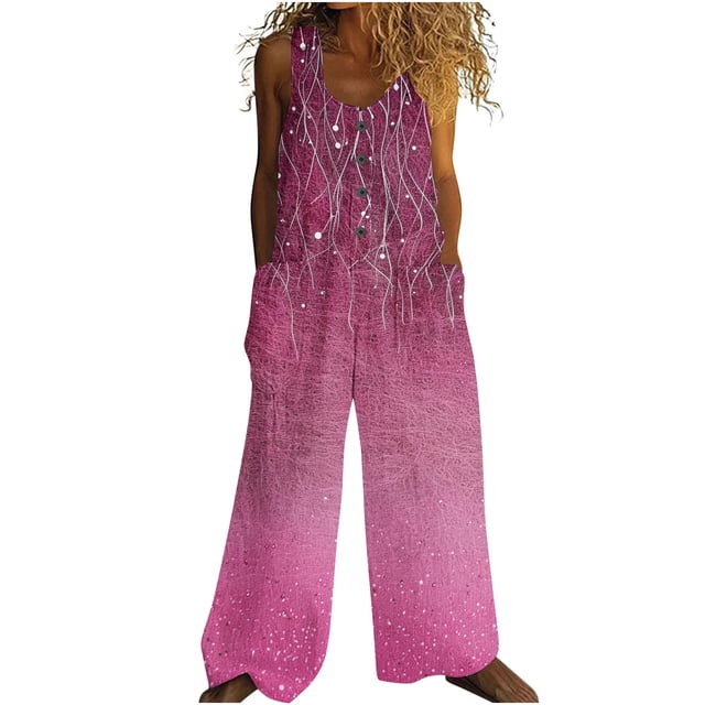 Combinaison Décontractée Sans Manches pour Femmes, Design Rétro Imprimé avec Poches à Boutons, Mélange Polyester Léger, Longueur Régulière, Bleu G
