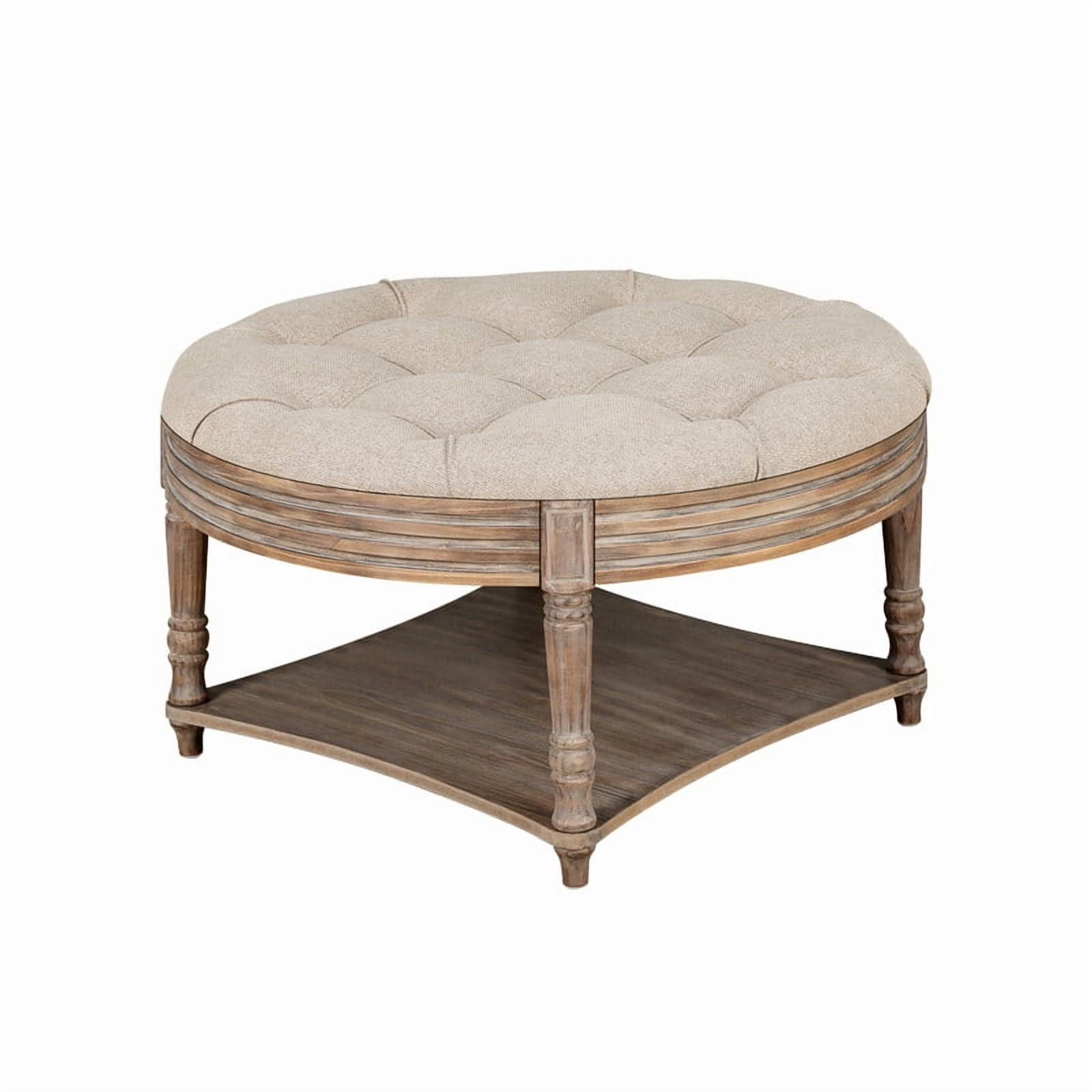 Round Storage Ottoman Coffee Table with Wooden Shelf, Oversized Tufted Upholstered Ottoman with Hidden Storage, Waterproof Linen Footrest for Living Room,Khaki