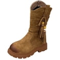 thumbnail image 2 of Babcutegg Girls Tassel Velvet Lined Mid Calf Boots Chunky Heel Side Zipper Retro Style Kids Casual Fashion Boots Khaki Size 13 Little Kid, 2 of 10