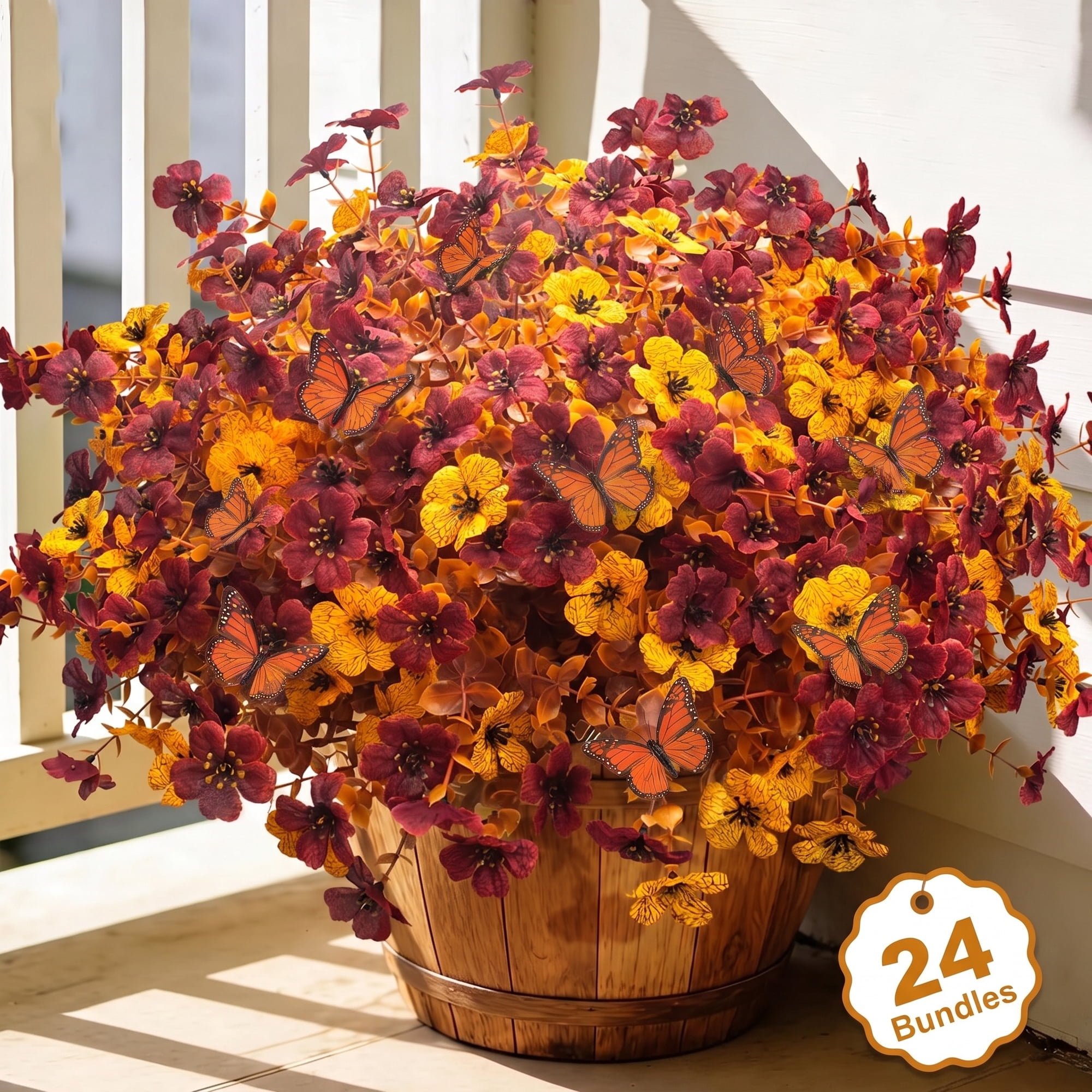 AcerichFad Artificial Fall Flowers Outdoors, 24 Bundles Autumn Fake Silk Flowers Faux Plants with Butterflies Fall Decorations for Home Outside Yard Garden Porch Patio, Red Yellow