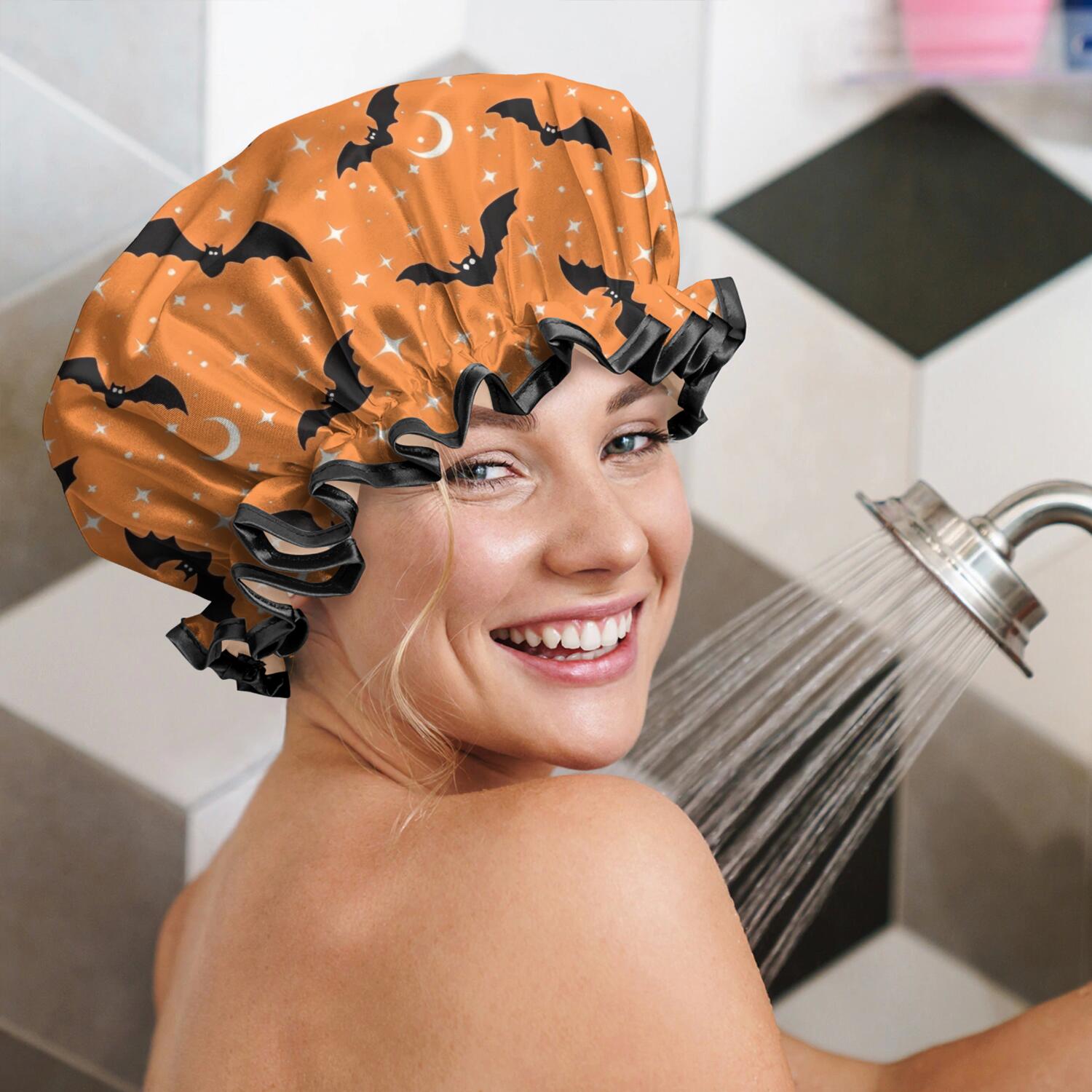 Shower Caps,Halloween Bats with Moons and Stars Waterproof Shower Cap for Women 4 Pieces,Double Reusable Hair Cover for Shower PEVA Elastic Stretch Hem