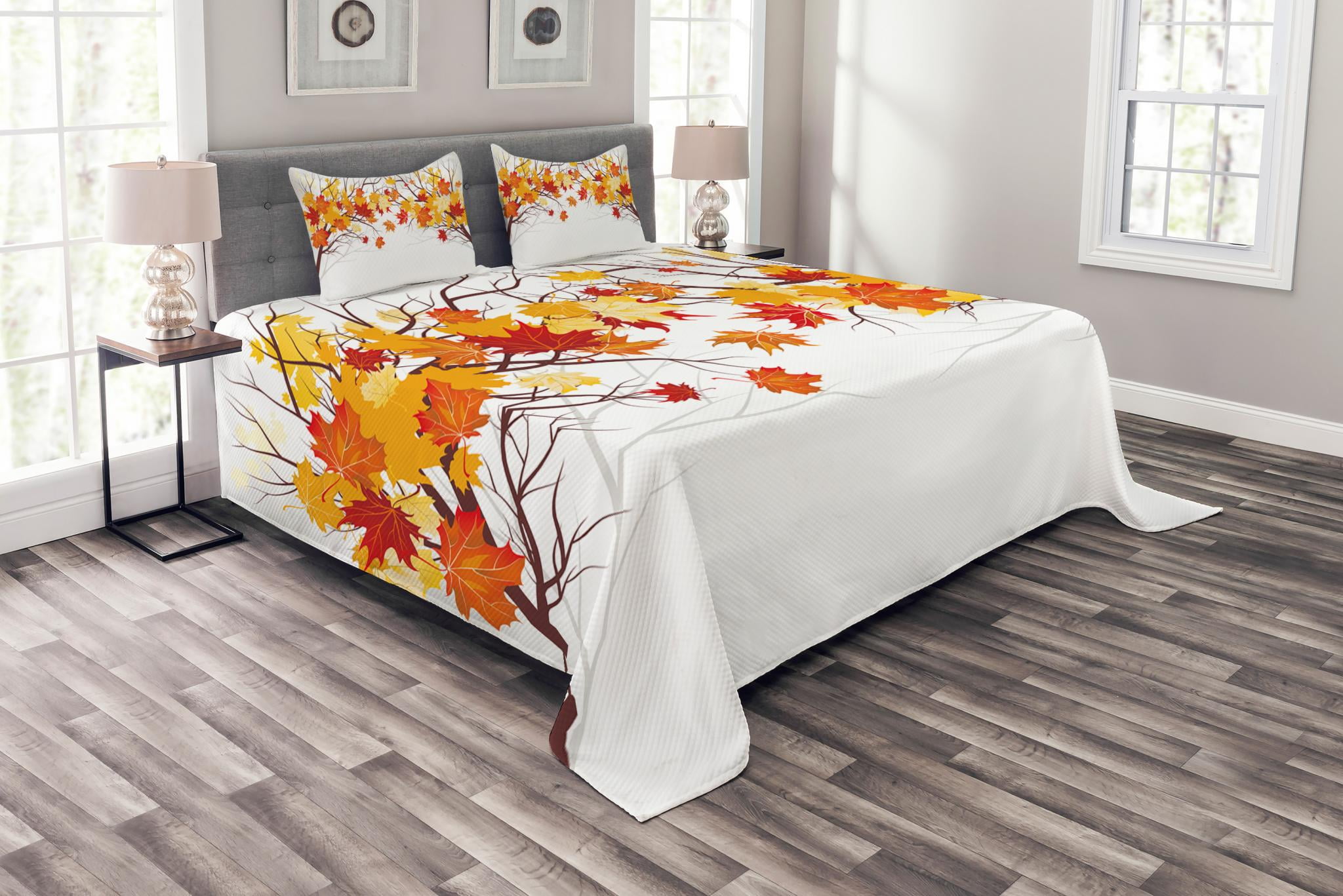 Fall Bedspread Set King Size, Image of Canadian Maple Tree Leaves in