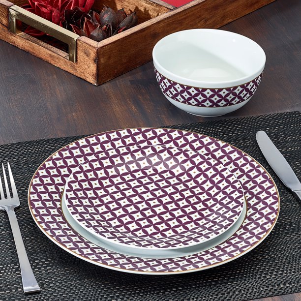 India Collection Purple Print 12Piece Porcelain Dinnerware Set