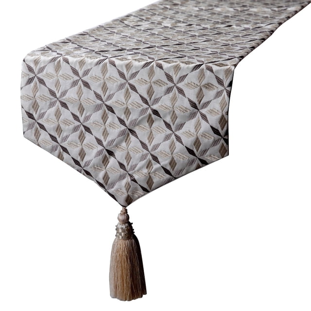 The HomeCentric Ivory Table Runner, Luxury Fabric with Pattern Embroidery & Tassels Ivory Linen 14 x 64 inch long, Wedding Decor Table Linen Modern Table Runner - Adore