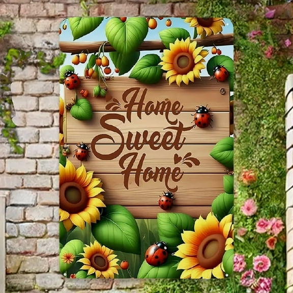 Home Sweet Home Spring Summer Sunflower Metal Sign 12x8 Inch Outside Ladybug Seasonal Farmhouse Yard Outdoor Sign Metal Tin Signs, Home