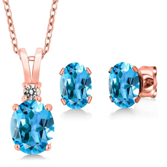 Gem Stone King 3.57 Ct Oval Swiss Blue Topaz 18K Rose Gold Plated Silver Pendant and Earrings Jewelry Set