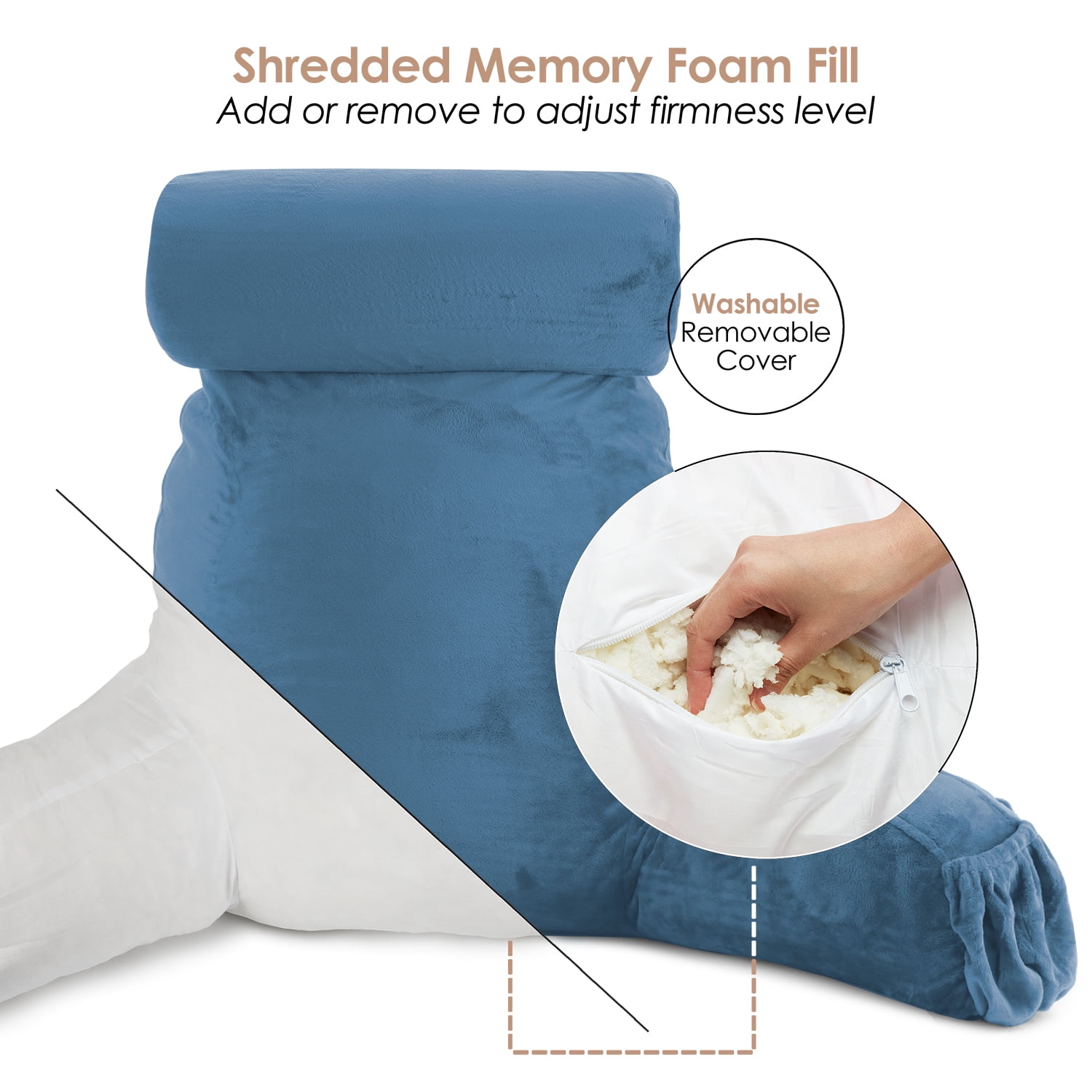 LAMMALOE Reading Pillow , Backrest Pillows with Arms, Plush Back Pillow Detachable Neck Roll, Shredded Memory Foam Bed Rest Pillow, Large, Blue Heaven