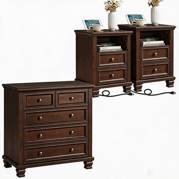 Joaxswe 3-Piece Farmhouse Bedroom Set, 5 Drawer Dresser with 2 Drawer Nightstands, Charging Stations & Square Legs, Walnut