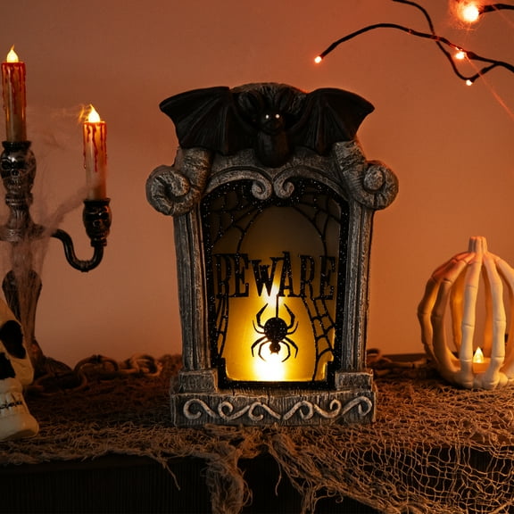 Lighted Flickering Beware Gravestone Halloween Decoration - 13.5" - LED Orange Light
