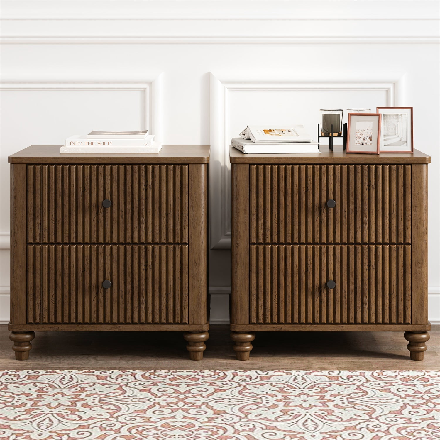 Hommoo Mid Century Modern Wooden Fluted Nightstand Set of 2, 21.65" Wide Bedside End Table Side Table with 3 Drawers and Metal Handle, for Bedroom, Living Room, Closet, Walnut