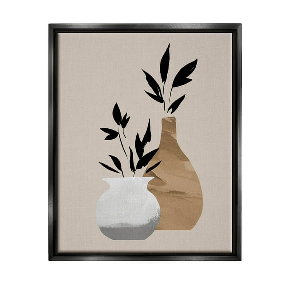 Stupell Industries Contemporary Leaf Sprig Vases Graphic Art Jet Black Floating Framed Canvas Print Wall Art, Design by Jacob Green