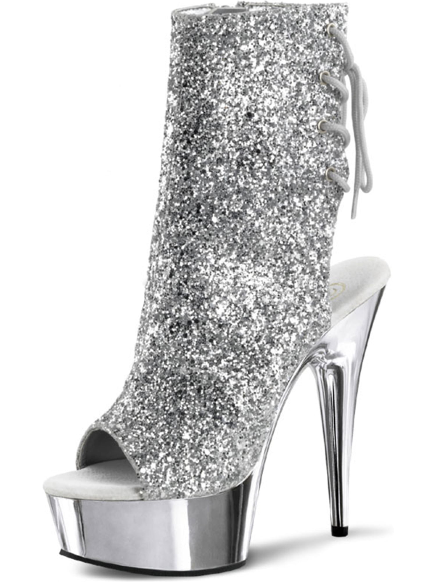 silver glitter lace up heels