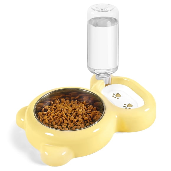 Set de cuencos para comida y agua para mascotas con dispensador de agua - Amarillo