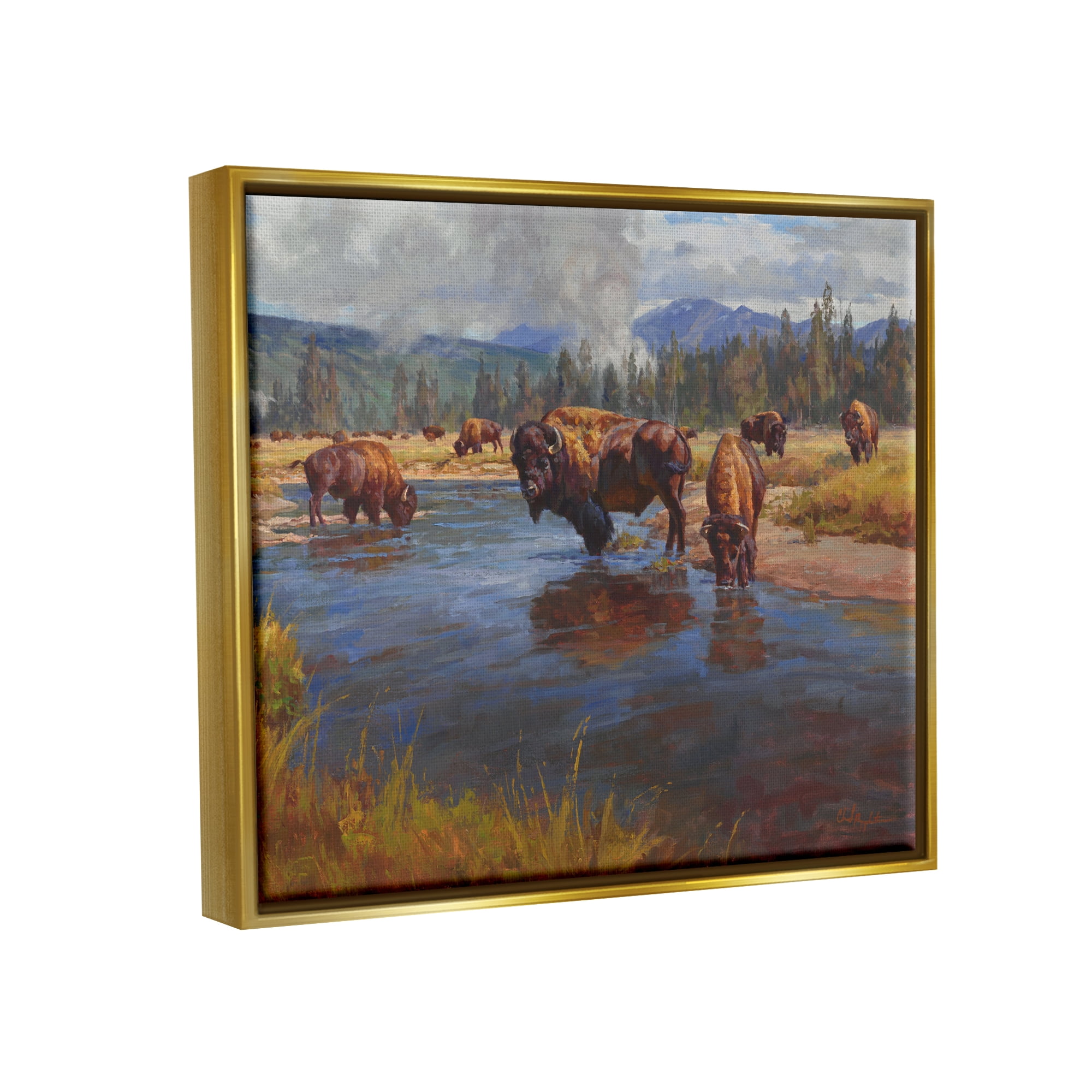 Stupell Industries Bison Herd by River Animals & Insects Painting Gold Floater Framed Art Print Wall Art, 31 x 25