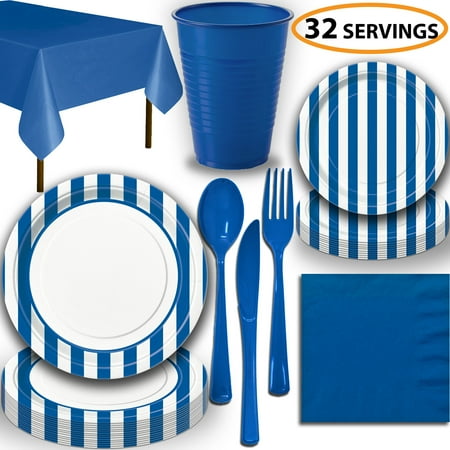 Royal Blue Plastic Dinner Plates Disposable Tableware, 32 Sets - Royal Blue Stripes - Dinner Plates, Dessert Plates, Cups, Lunch Napkins, Cutlery, and Tablecloths: Party Supplies Set ()