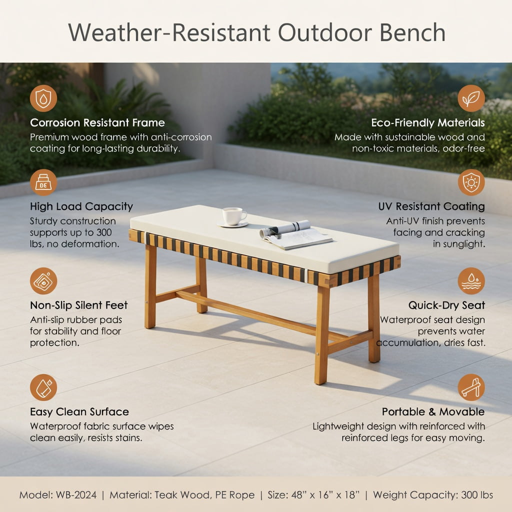 Hommoo 48" Acacia Wood Outdoor Bench with Removable Thick Cushion, Wood & Off-White Fabric, Woven Rope Seat, Heavy-Duty H-Frame, Natural