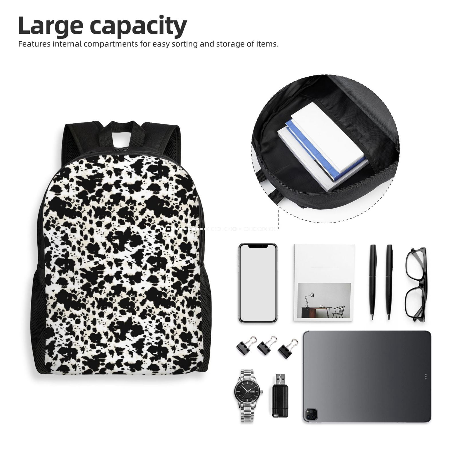 Horeoi Cow Skin 1 Print Waterproof 600D Oxford Laptop Backpack for School Travel Work - Lightweight Durable Bag with Adjustable Straps