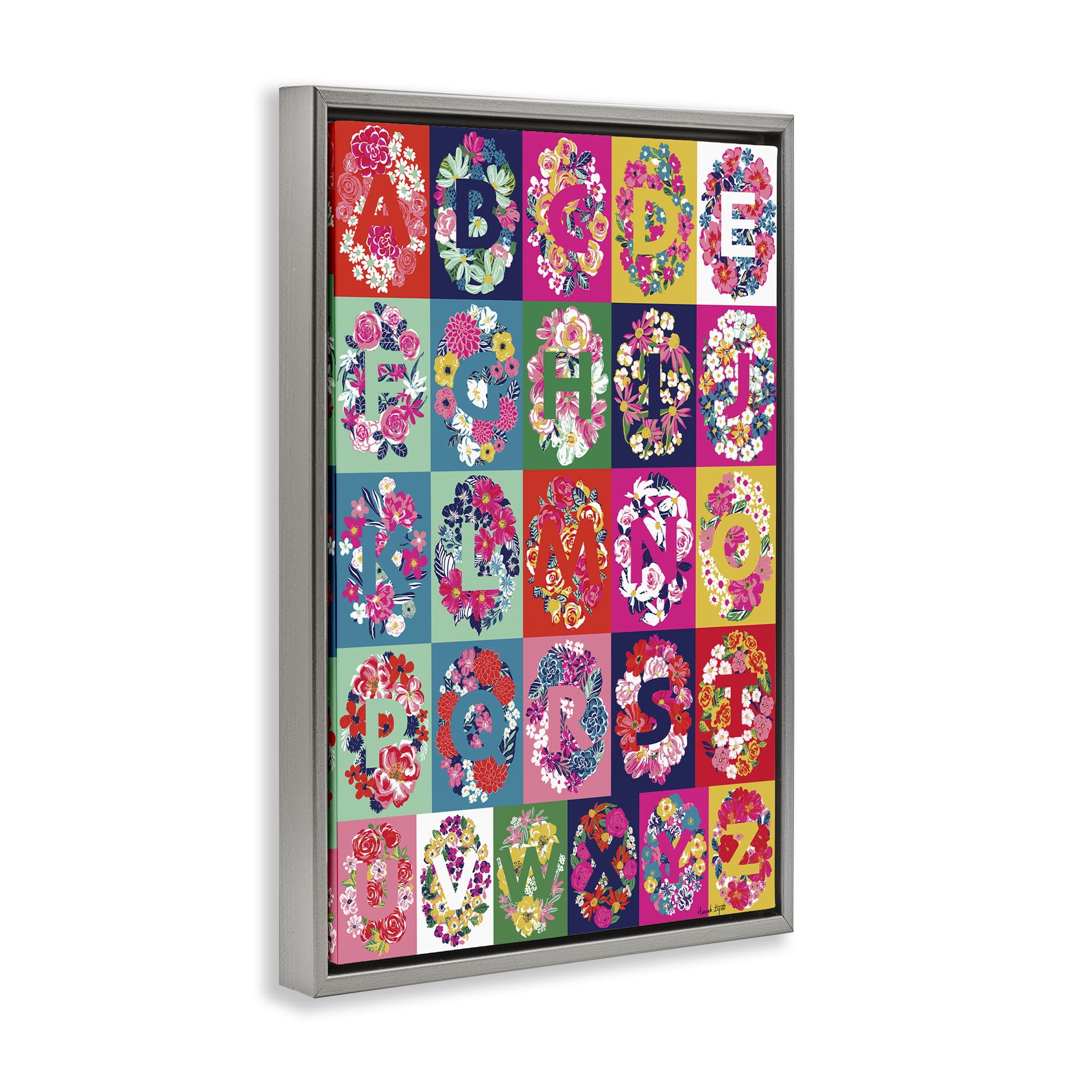 Stupell Industries Energetic Blooms Alphabet Plants & Flowers Painting Gray Floater Framed Canvas Art Print Wall Art, 21 x 31