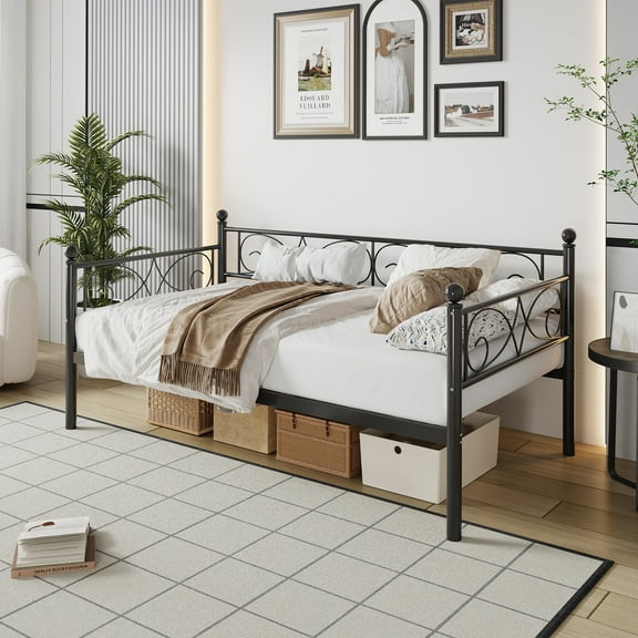 Twin Daybed Without Trundle, Metal Twin Size Daybed with Underbed Storage Space, Steel Slat Support Sofa Bed for Living Room, Bedroom, Guest Room