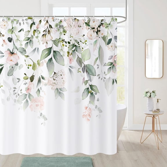 Spring Shower Curtain, Sage Green Eucalyptus Leaf Pink Watercolor Floral Botanical Plants Bathroom Curtain Waterproof Fabric Machine Washable with Hooks, 36" Wx72 L