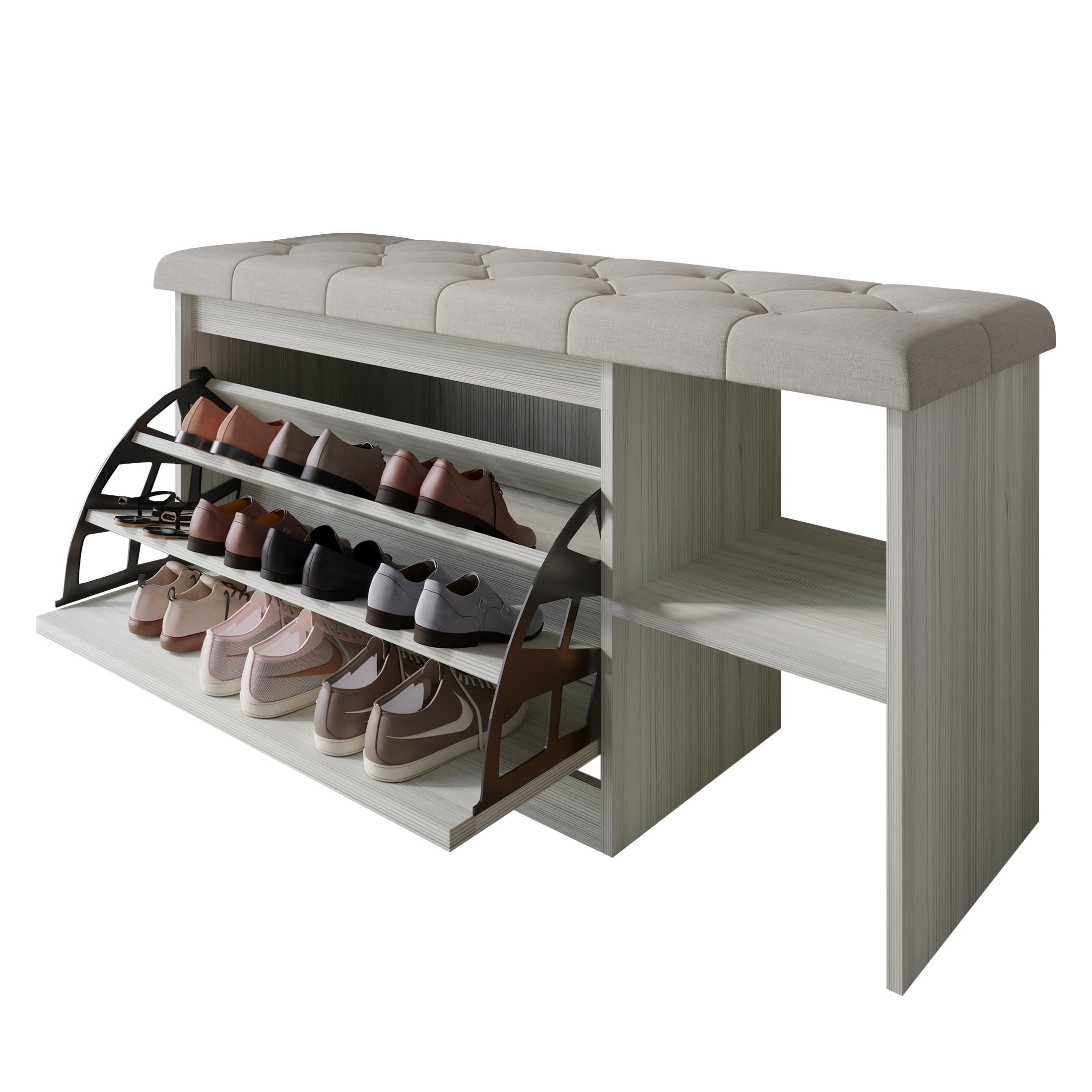 Castle Place Upholstered 41"L x 22" H Bench with Shoe Storage, Light Grey