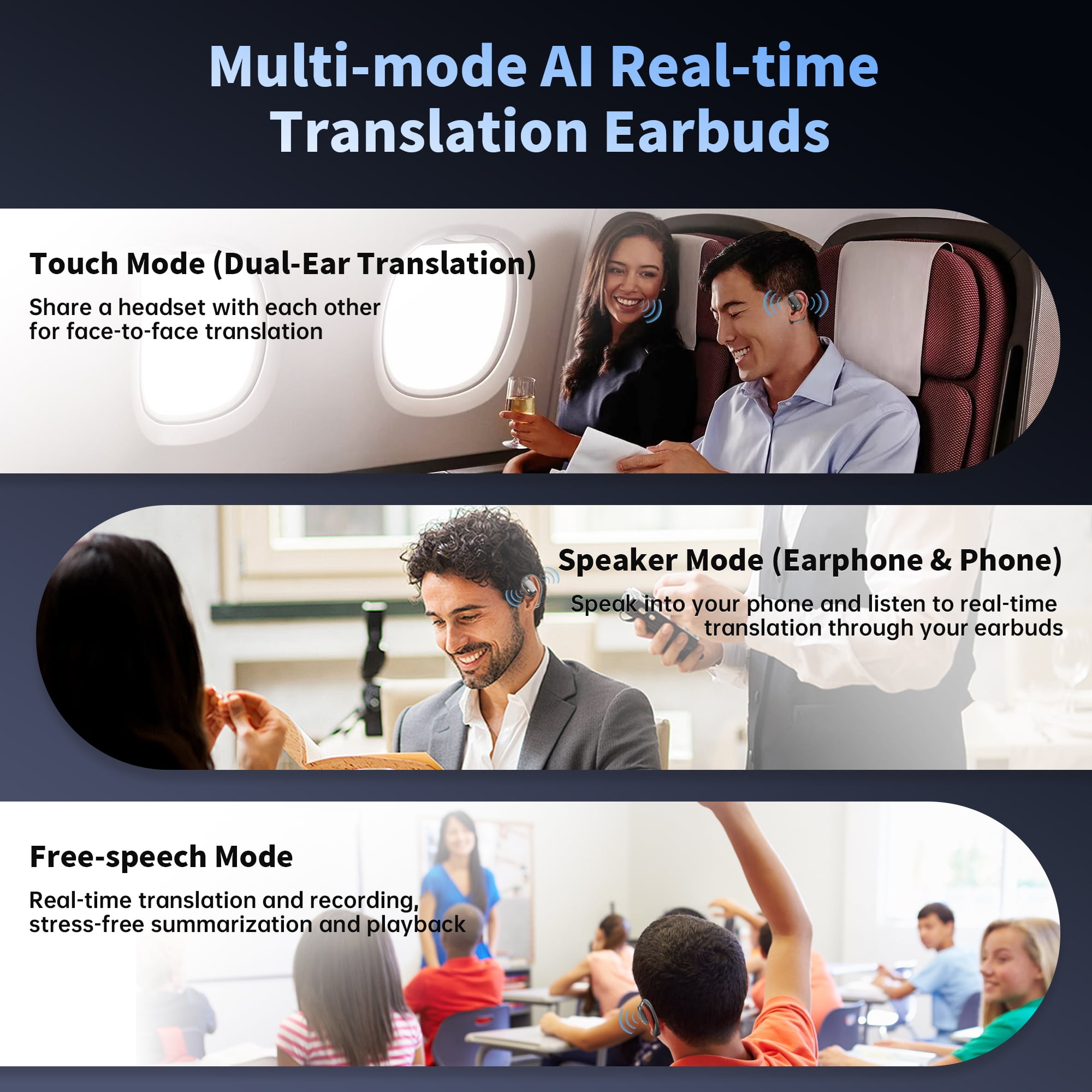 AI Language Translation Earbuds, 3-in-1 Real-Time Translator Earbuds for 144 Languages, Wireless Bluetooth Headphones Translator Device with App for iOS and Android, Ideal for Travel, Business Gifts
