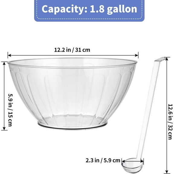 Plastic Punch Bowl with Ladle, 1.8 Gallon Large Punch Bowl for Parties, Clear Serving Bowl for Salad, Snack, Candy