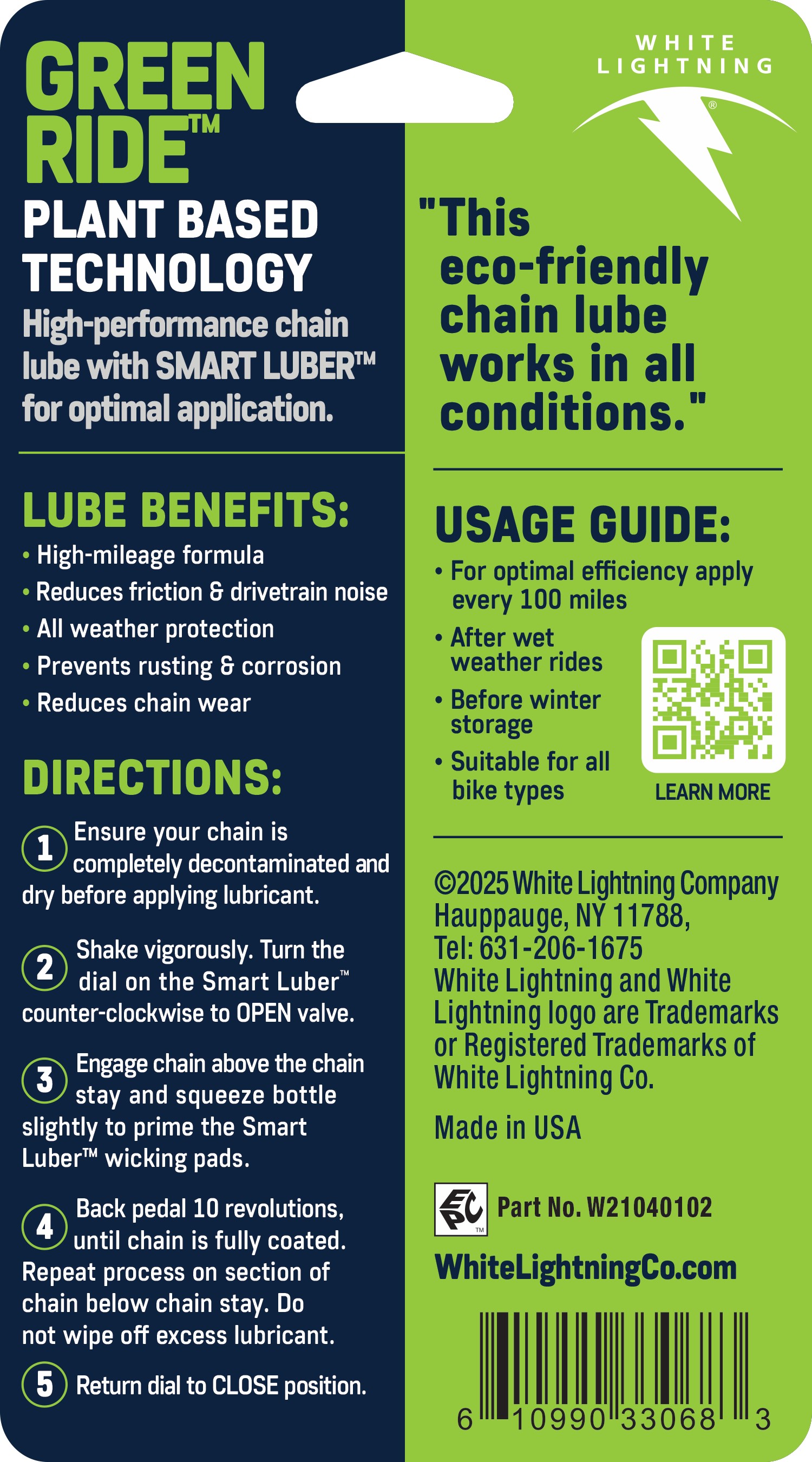 White Lightning Green Ride Bike Chain Lubricant with Smart Luber 4oz - 1 Count