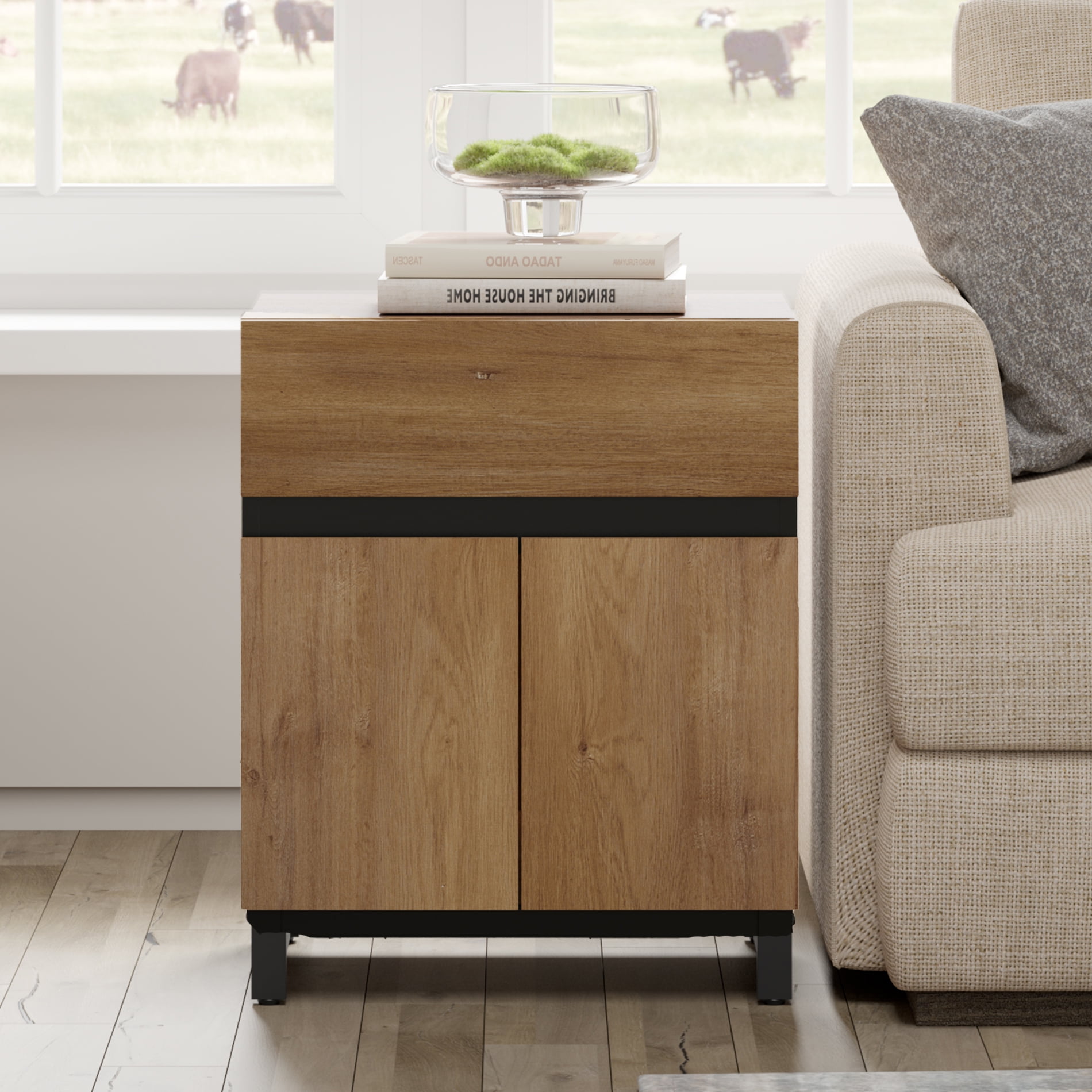 WAMPAT Modern Farmhouse End Table，1 Drawer & 1 Storage Cabinet with 2 Open Doors，Wood Rustic Sofa & Side Table for Living Room & Bedroom Nightstand