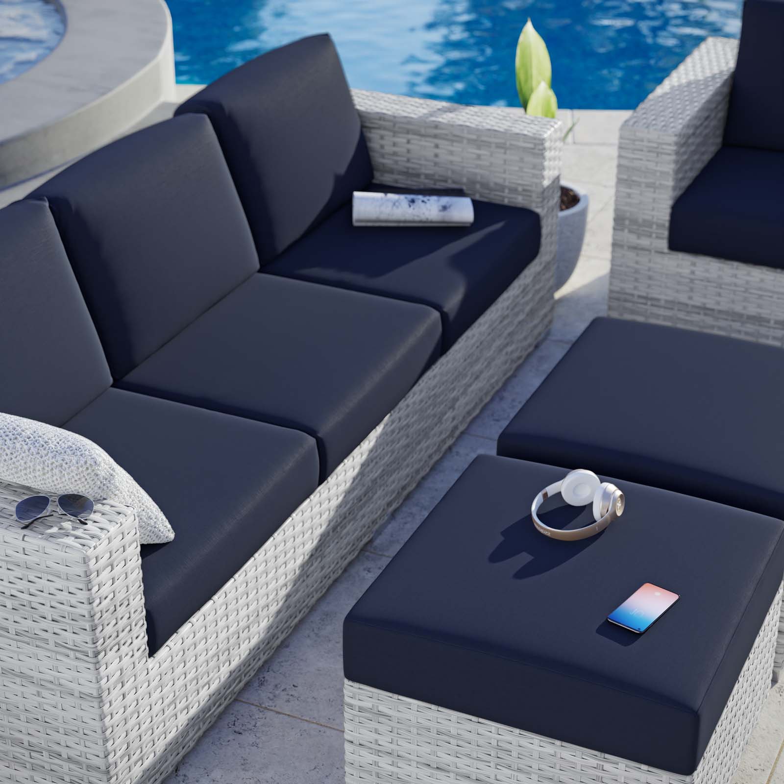 Lounge Sectional Sofa Chair Set, Rattan, Wicker, Light Grey Gray Blue Navy, Modern Contemporary Urban Design, Outdoor Patio Balcony Cafe Bistro Garden Furniture Hotel Hospitality - image 5 of 10