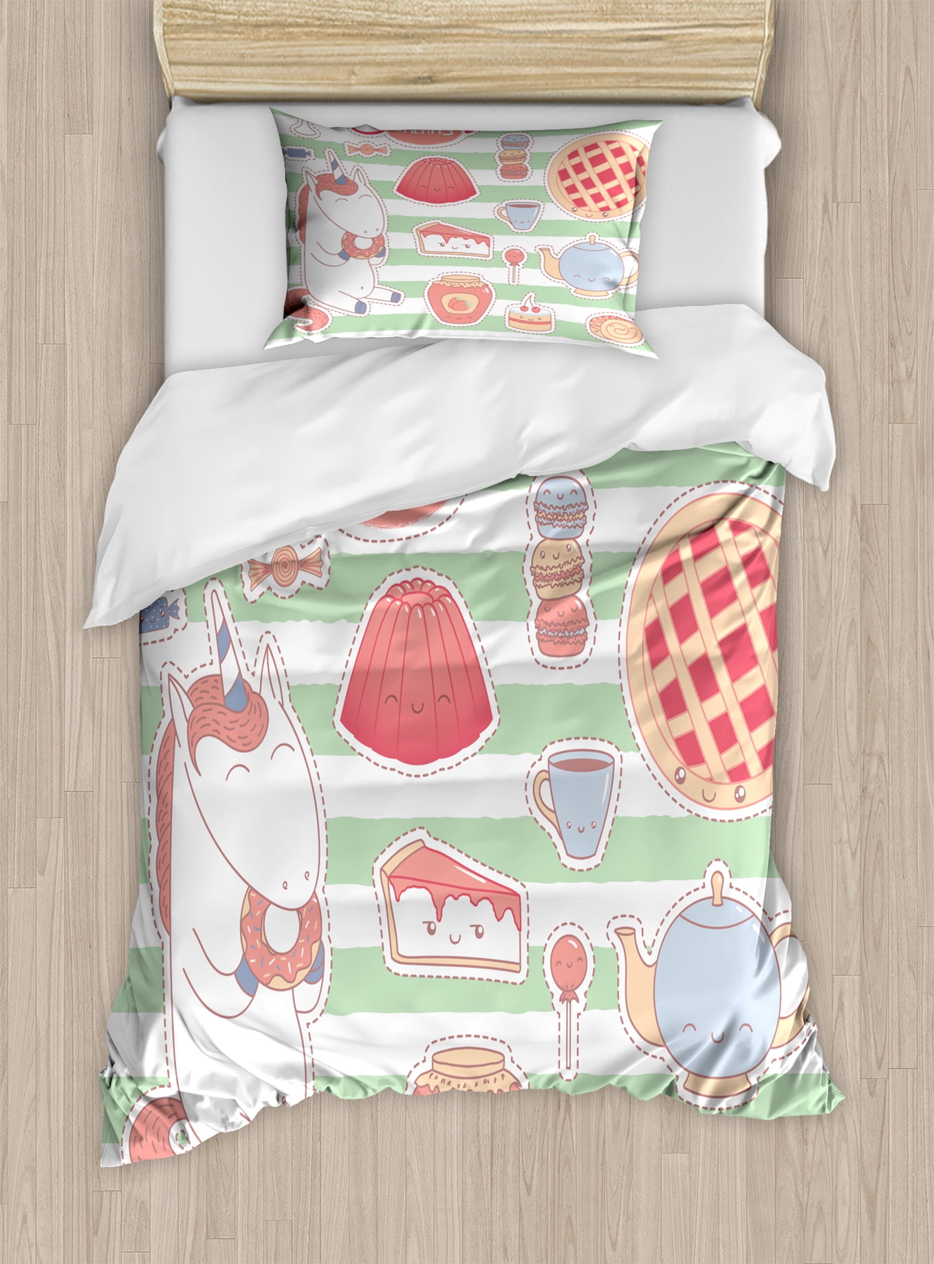 Sweet Dreams Twin Size Duvet Cover Set, Various Desserts in Cartoon