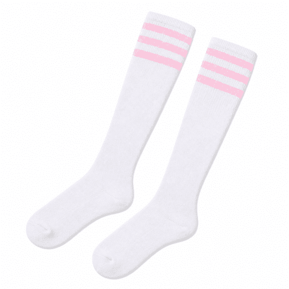 FURMORA Knee High Socks,Classic Three Stripes Design Thigh High Socks,Knee-High Length Breathable Sweat-Wicking Material Long Socks,White/Pink Stripes