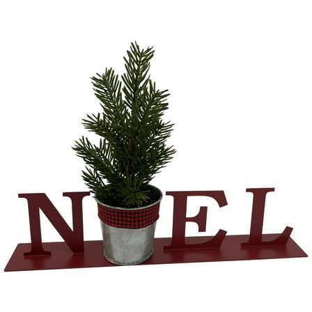 13" Red "NOEL" Metal Planter with Faux Pine Christmas Tabletop Plaque